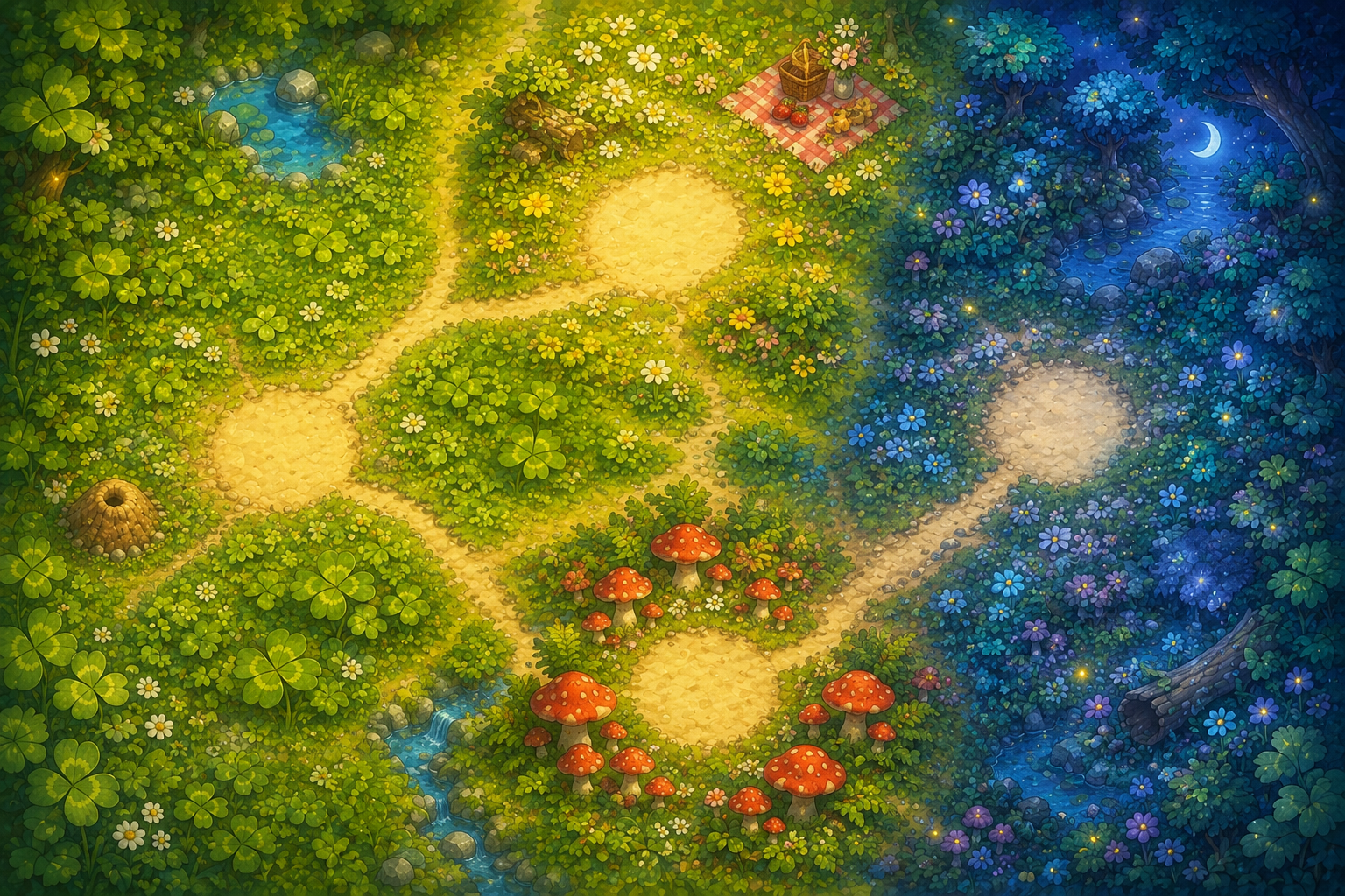 A tiny garden world with paths through clover, picnic meadows, mushroom groves, and a moonlit hollow.
